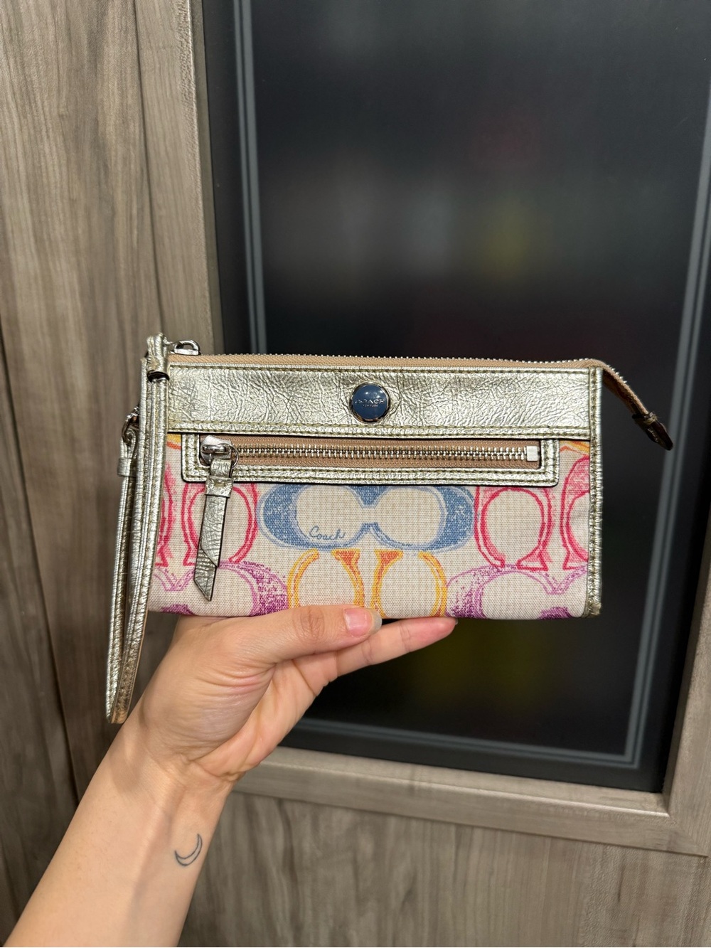 Vintage Coach Multicolor Signature Canvas Wristlet with Metallic Trim